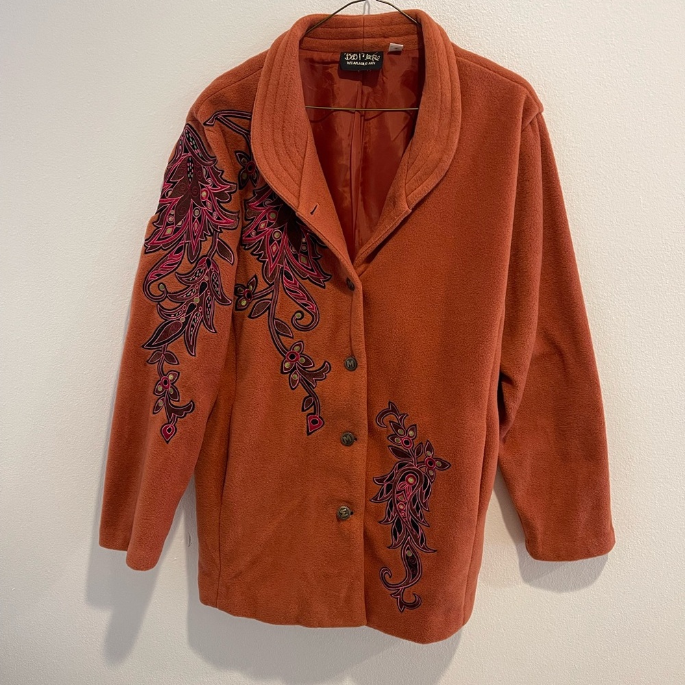 NWT BOB MACKIE WEARABLE ART Burnt Orange Fleece Embroidered Jacket/Cardigan Sz M